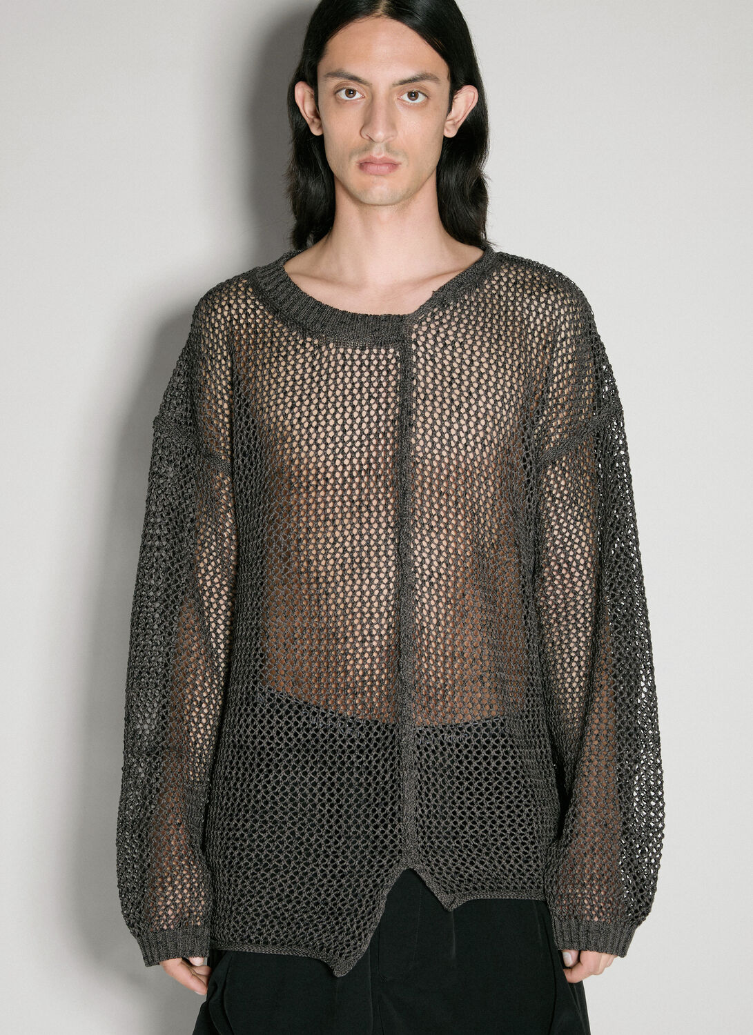 Yohji Yamamoto Uneven Open-knit Sweater In Gray