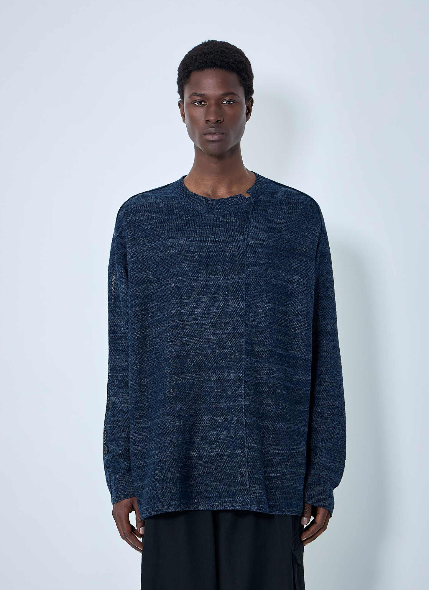 Yohji Yamamoto 7g 2ply Pallarel Yarn Button Detail Sweater - Man Knitwear Navy 3　ヨウジヤマモト 7g 2ply パラレル ヤーン ボタン ディテール セーター - メンズ ニットウェア ネイビー 3 Yohji