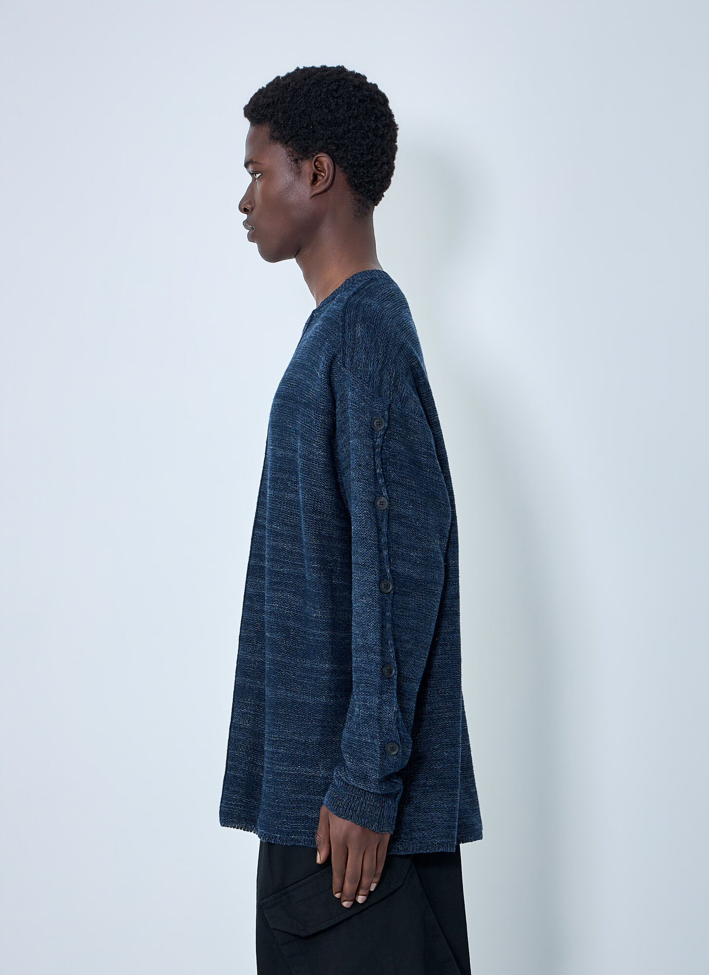  Yohji Yamamoto Yohji Yamamoto 7g 2ply Pallarel Yarn Button Detail Sweater - Mann Strick Navy 3 