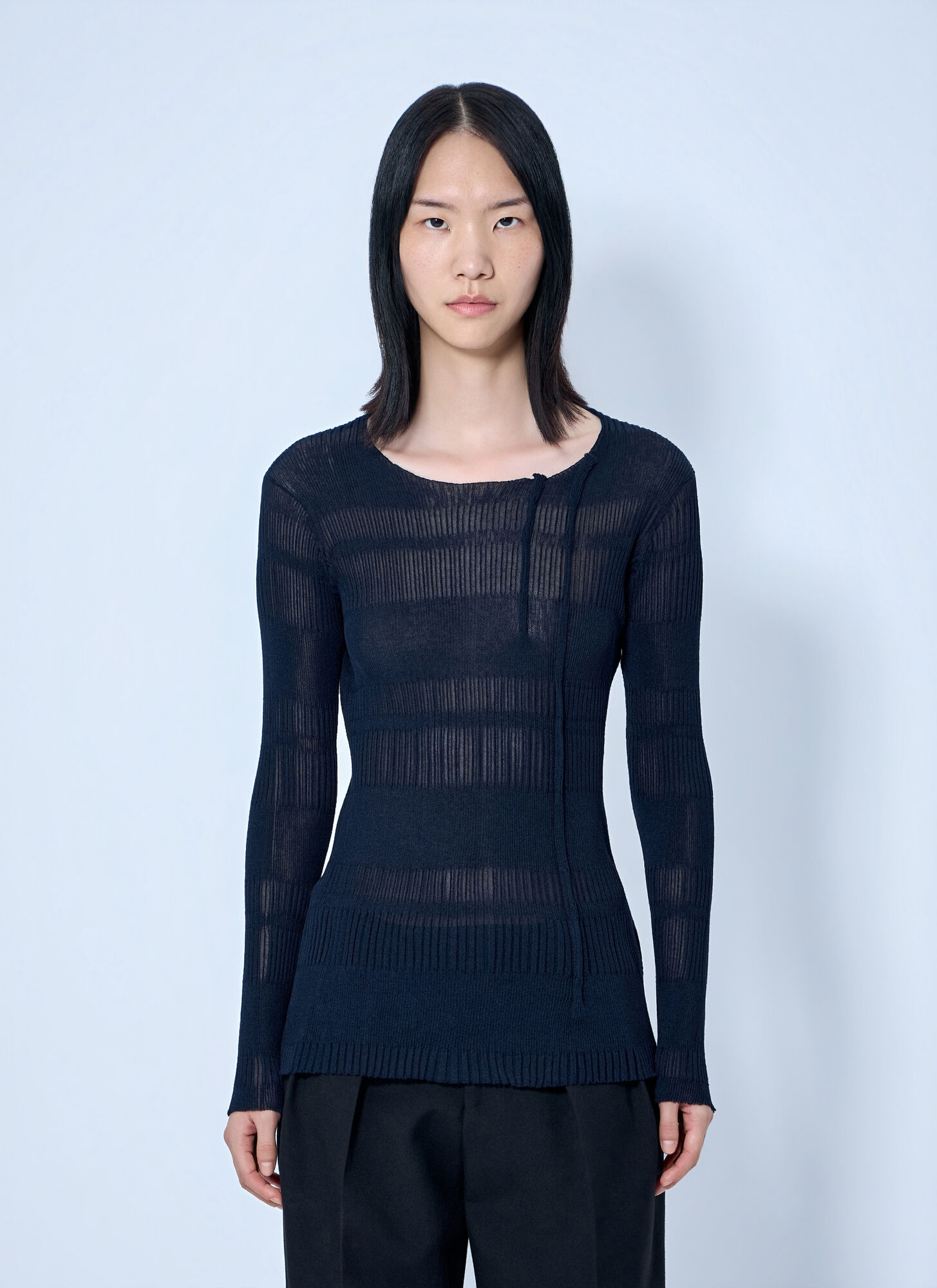 Yohji Yamamoto Rib Tuck D Round Neck Top - Woman Tops Navy 2　ヨウジヤマモト リブ タック D ラウンド ネック トップ - 女性トップス ネイビー 2 Yohji