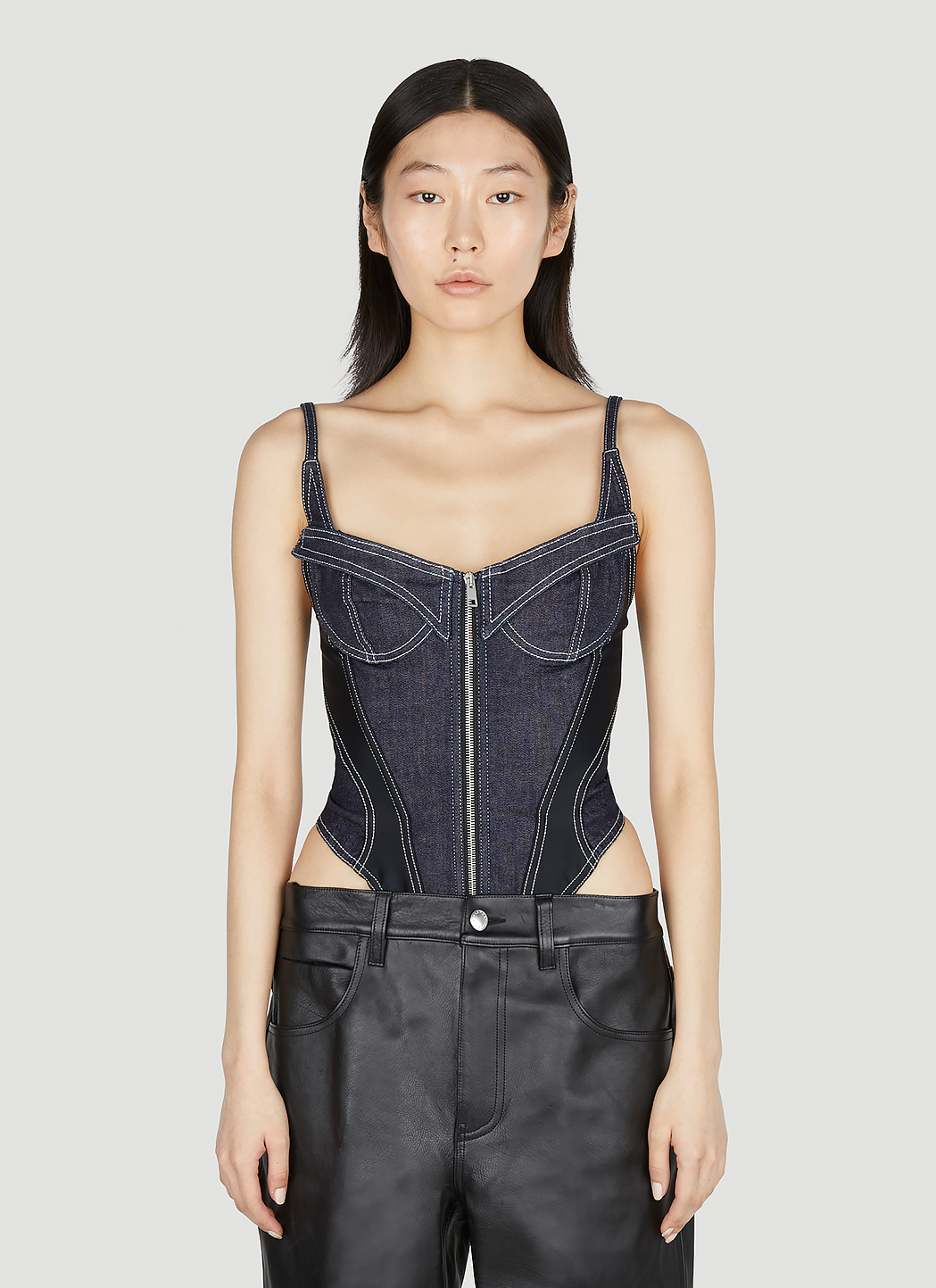 Two-tone denim front zip corset bodysuit - MUGLER - Women