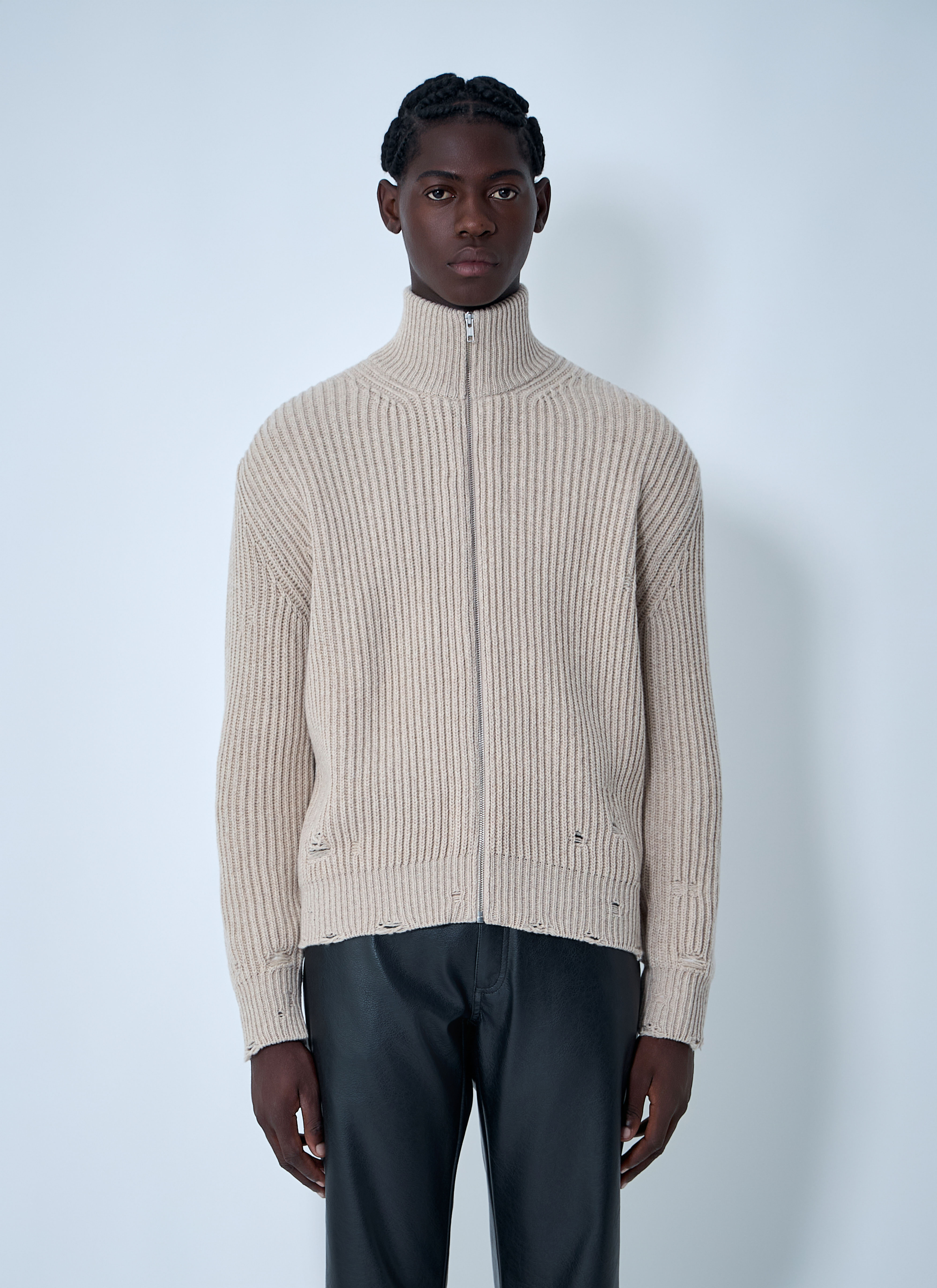 MM6 Maison Margiela Men's' Distressed Zip-Up Cardigan in Beige