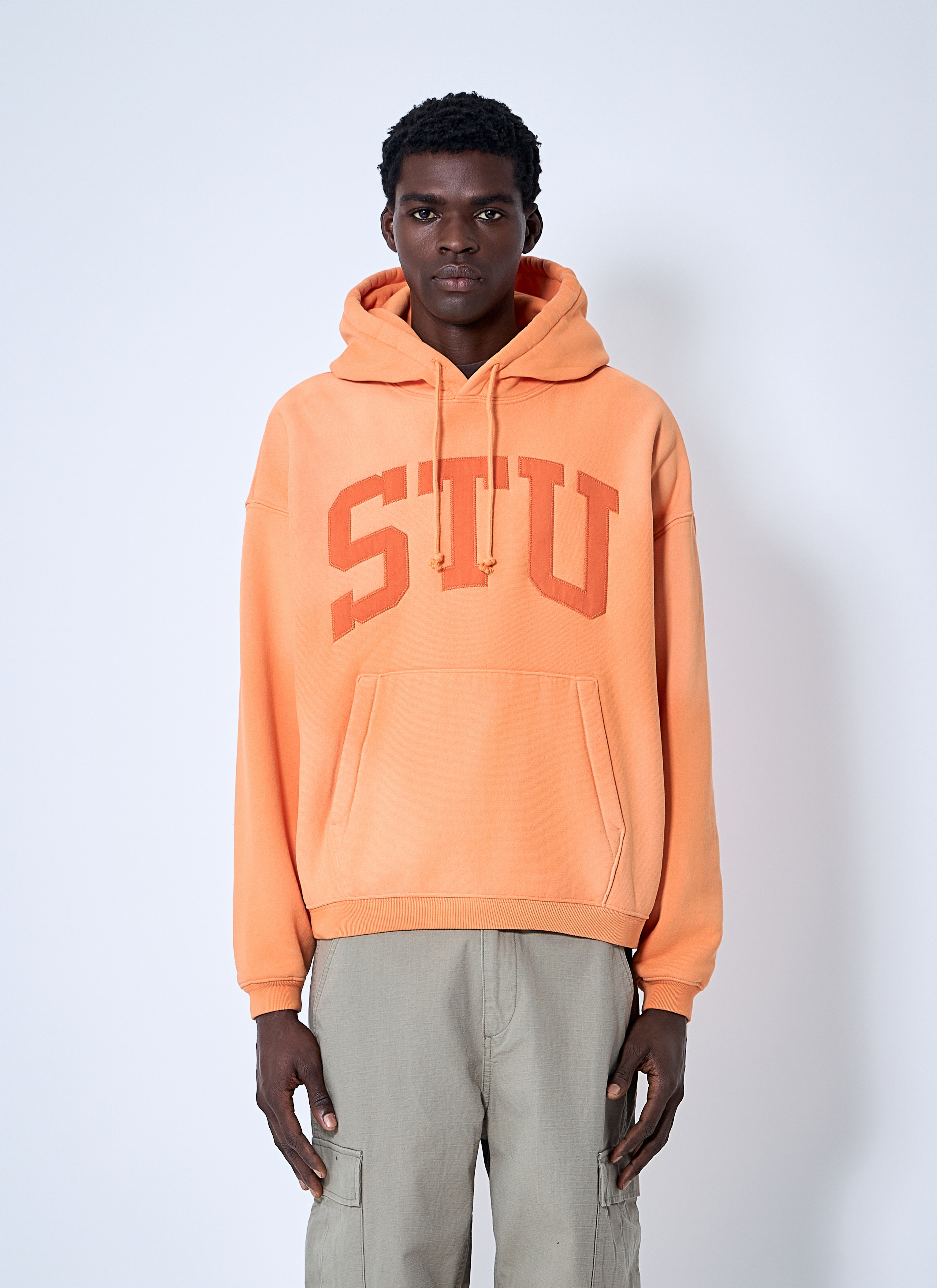 St�Ssy Men's Orange Hooded Logo Motif Sweatshirt - Man Sweatshirts Xl