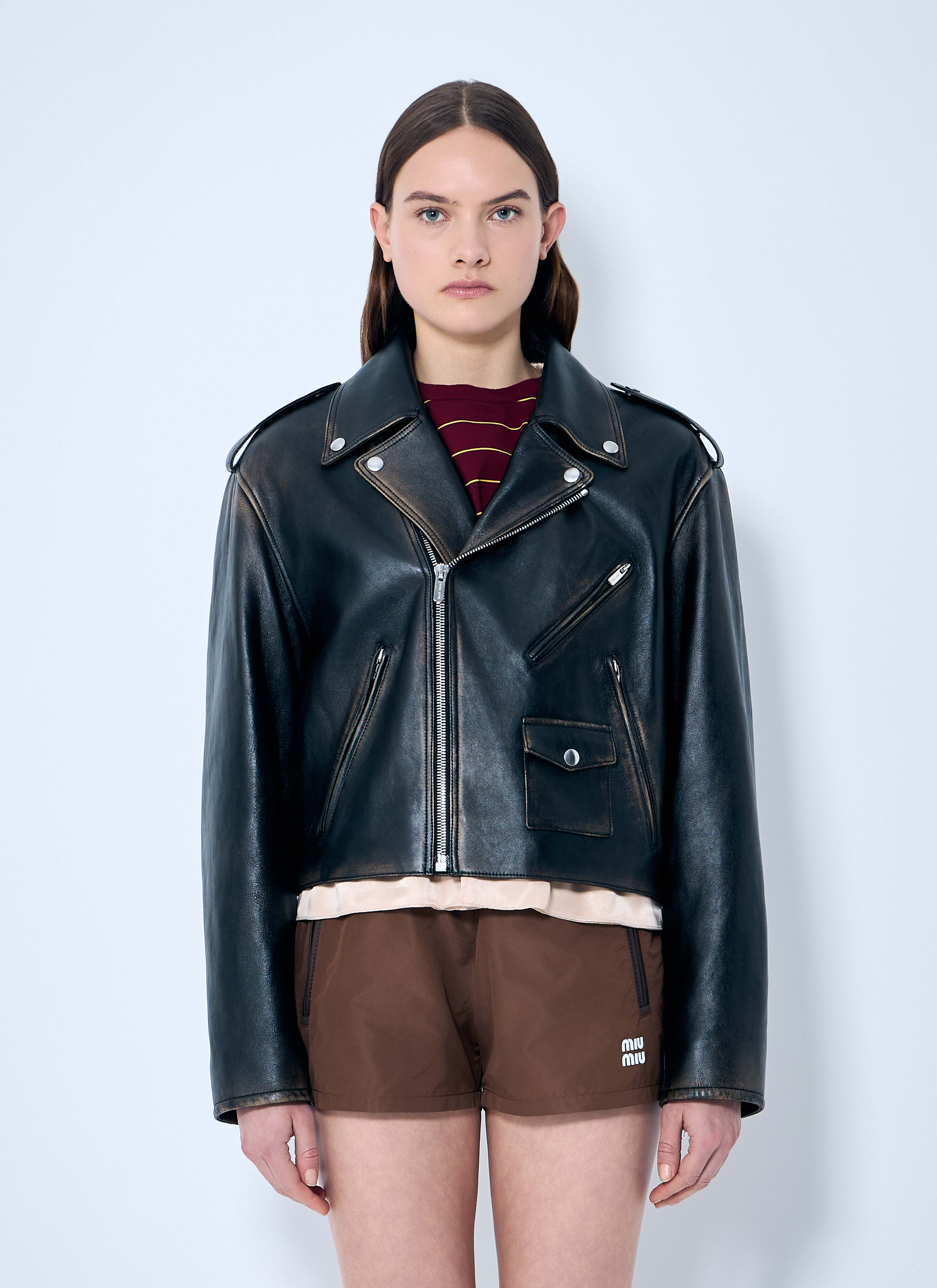 MIUMIU Archive レザー ナイロン 切り替え フーデット ジャケット