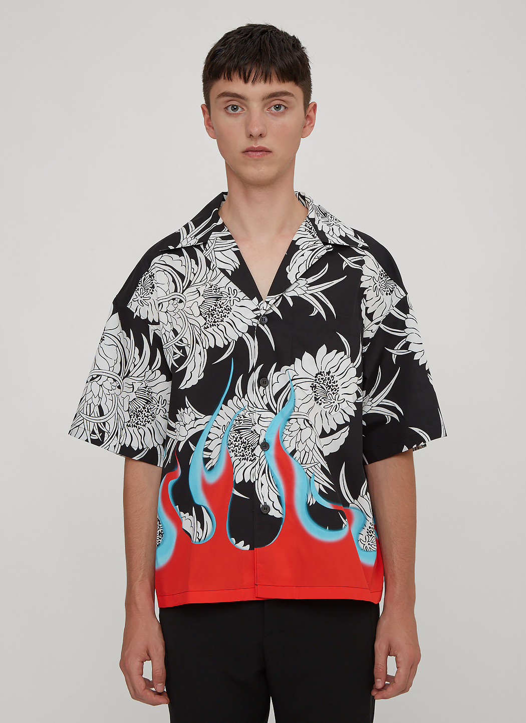 black bowling shirt with flames