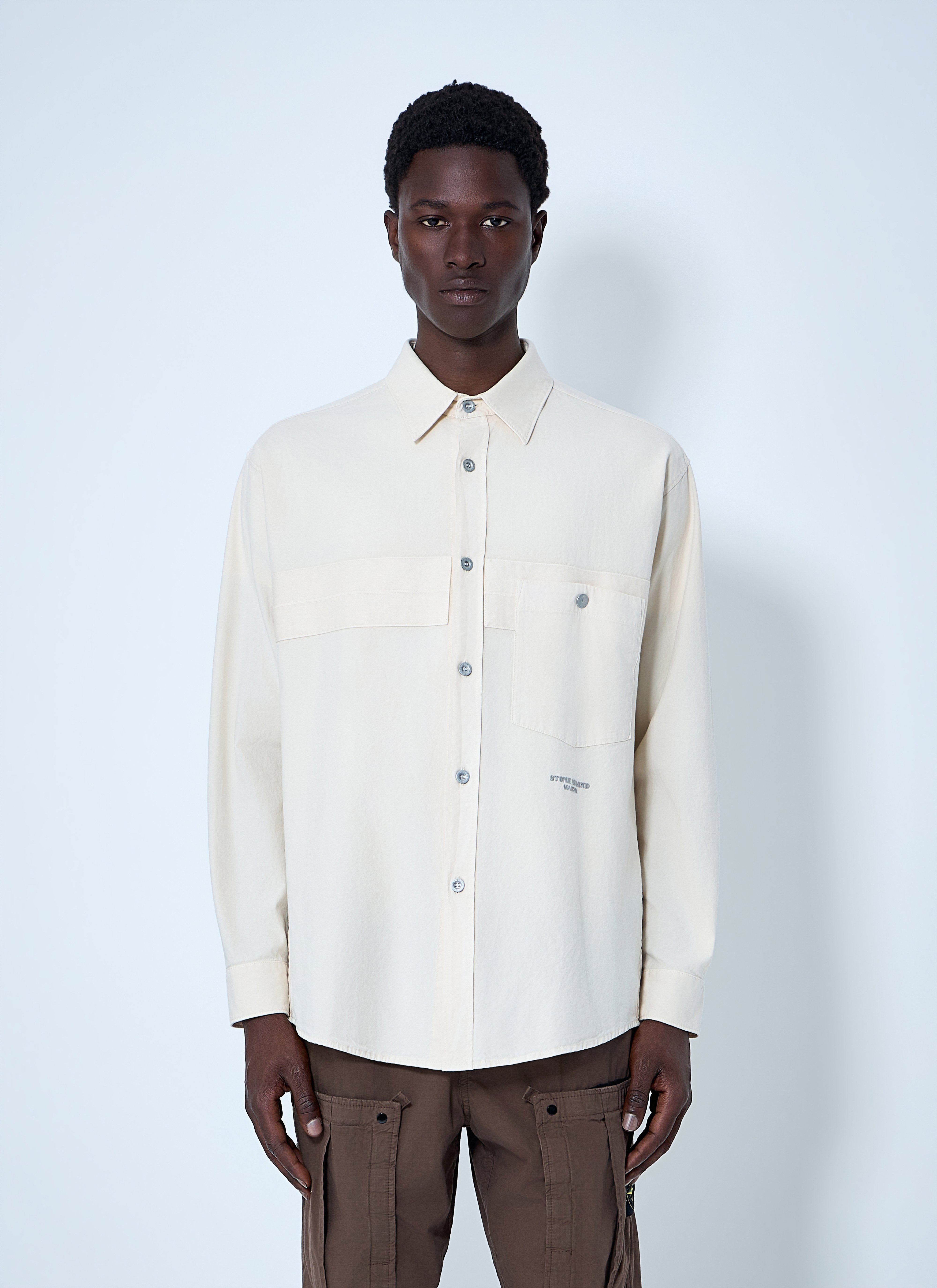 Stone Island Men's' Long Sleeve Cotton Button-Down Shirt in Ivory