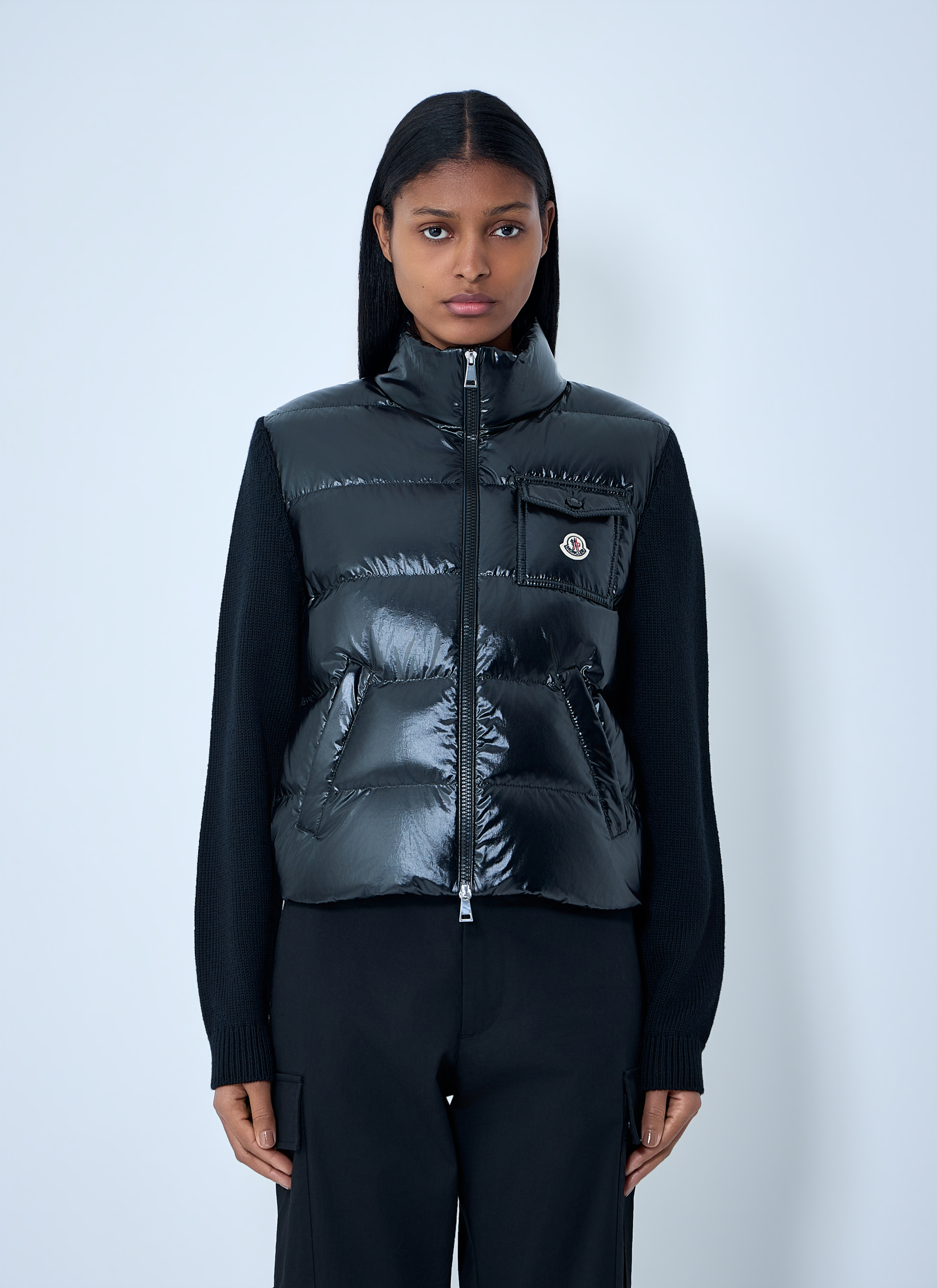 Moncler Women's Black Quilted Down Gilet With Knit Sleeves - Woman Jackets M