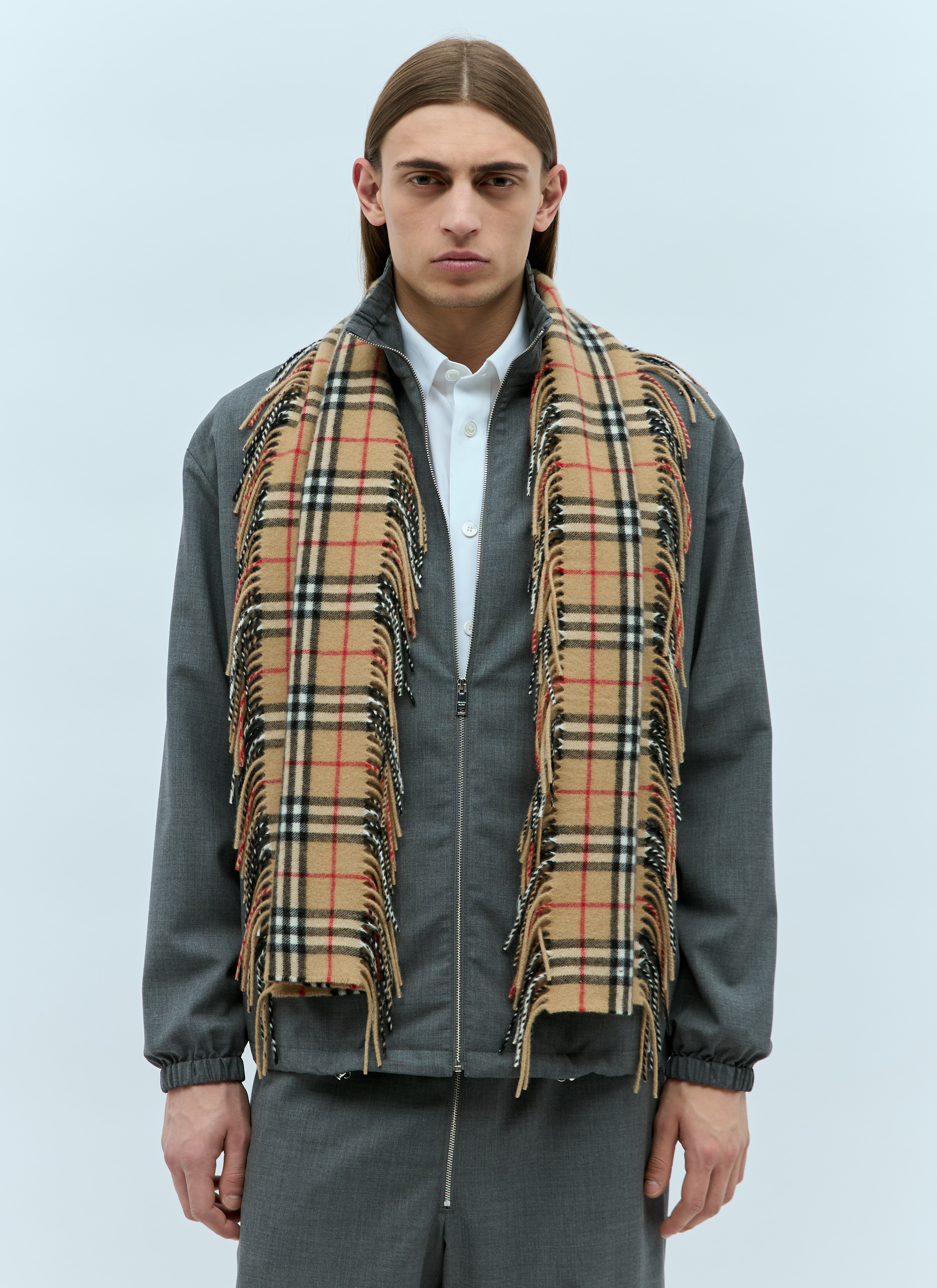 スカーフ Burberry SCARF (8079995 A7026) Burberry Men's' Check Cashmere Fringed Scarf in Beige | LN-CC®