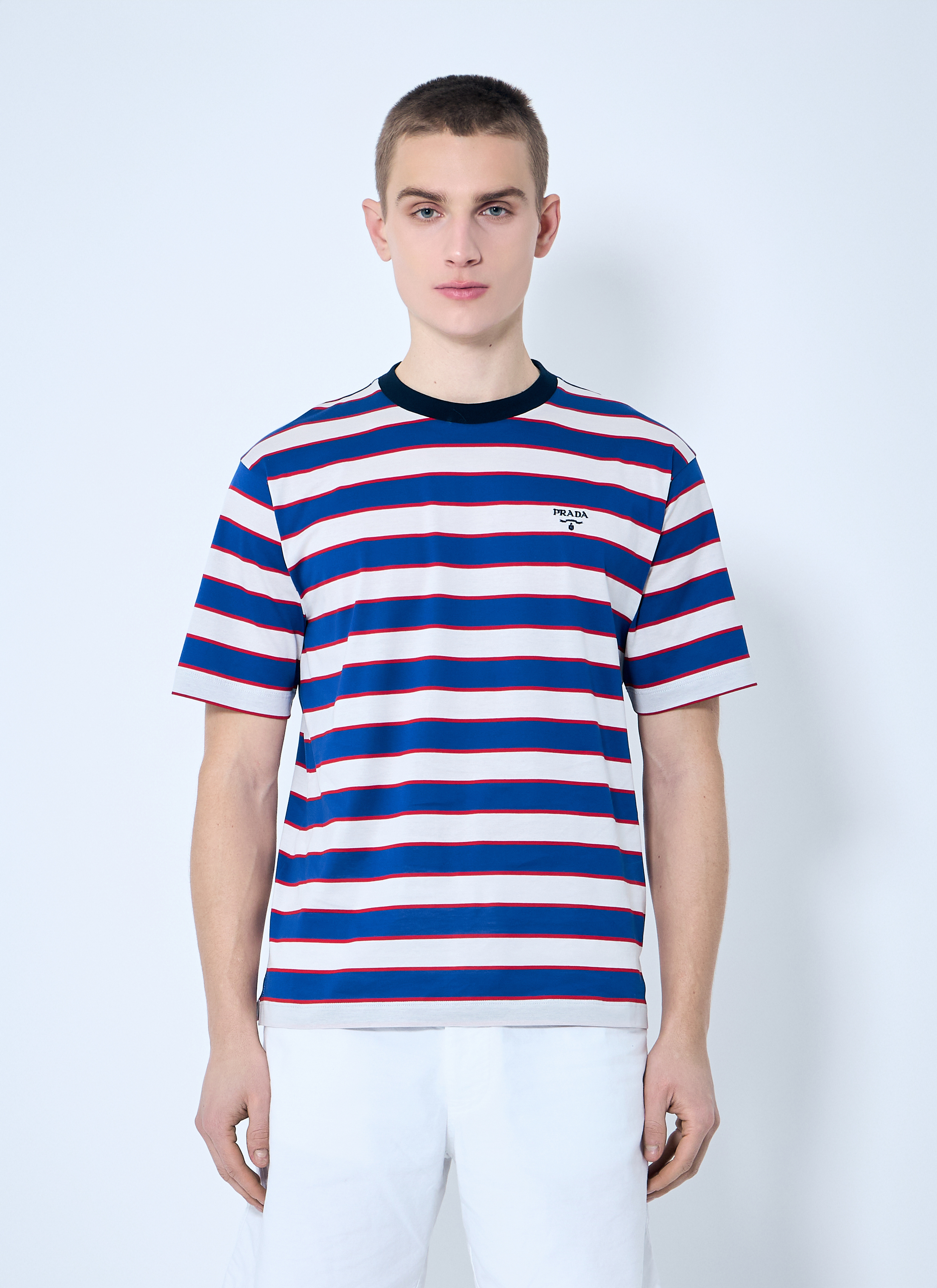 Prada Men's' Logo Embroidery Striped T-Shirt in Blue | LN-CC®