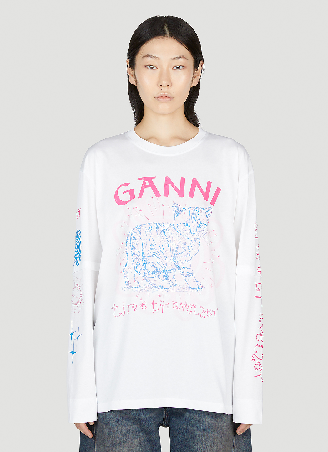 GANNI Relaxed Cat Long Sleeve T-Shirt in White für Damen