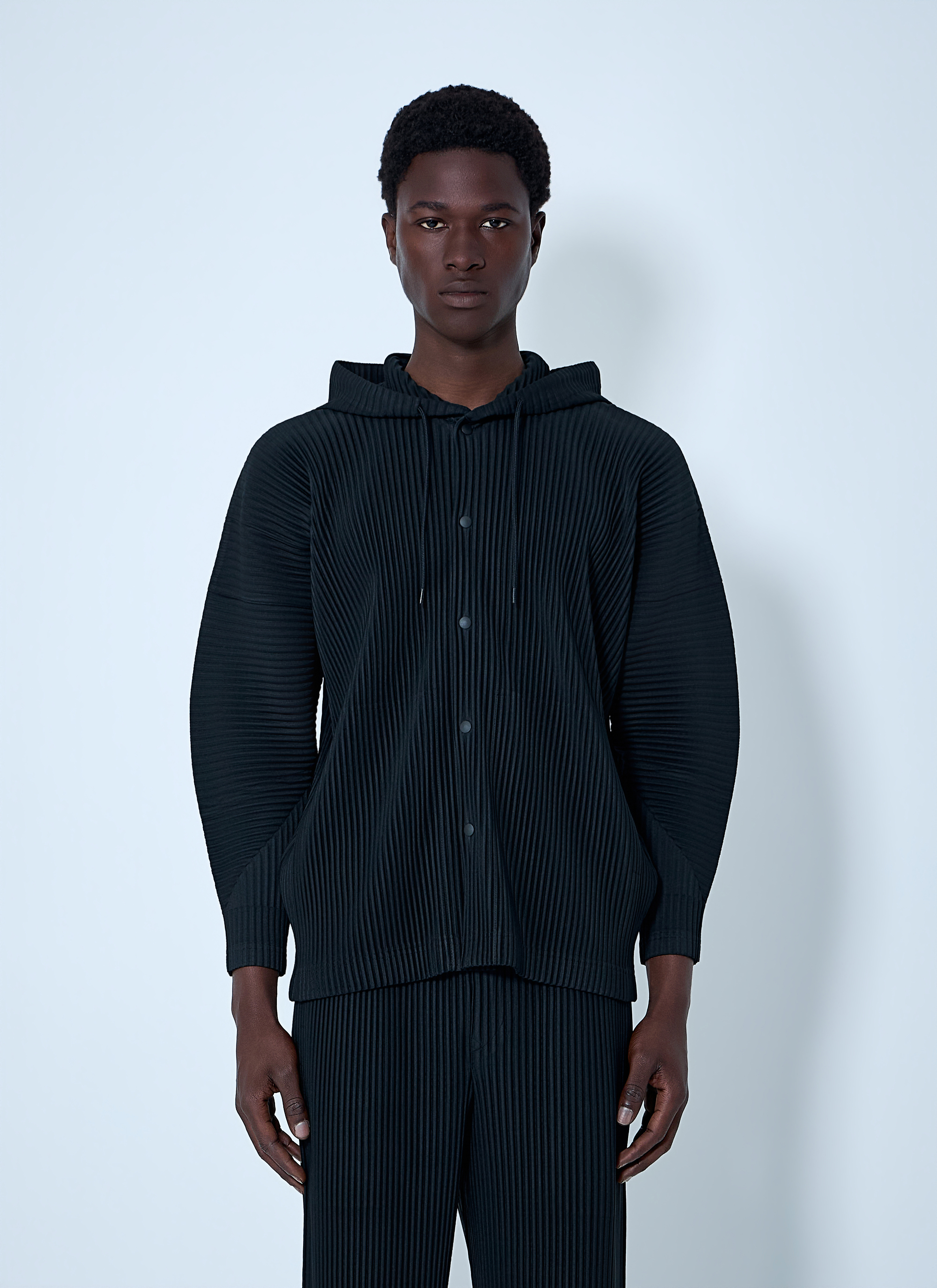 Homme Plissé Issey Miyake Men's' Pinstripe Hooded Jacket in Black