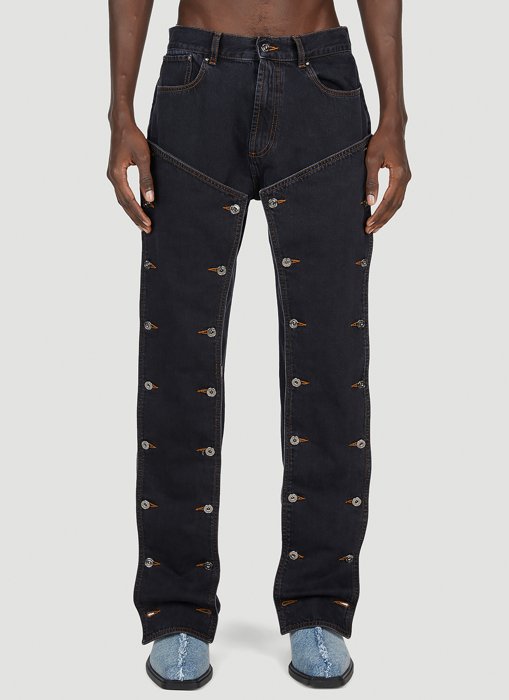 Y/Project(ワイプロジェクト) 21AW button panel jeans ボタン パネル デニム パンツ JEAN32-S21 W29  ブラウン×インディゴ ペンキ加工 ギミック　FW21