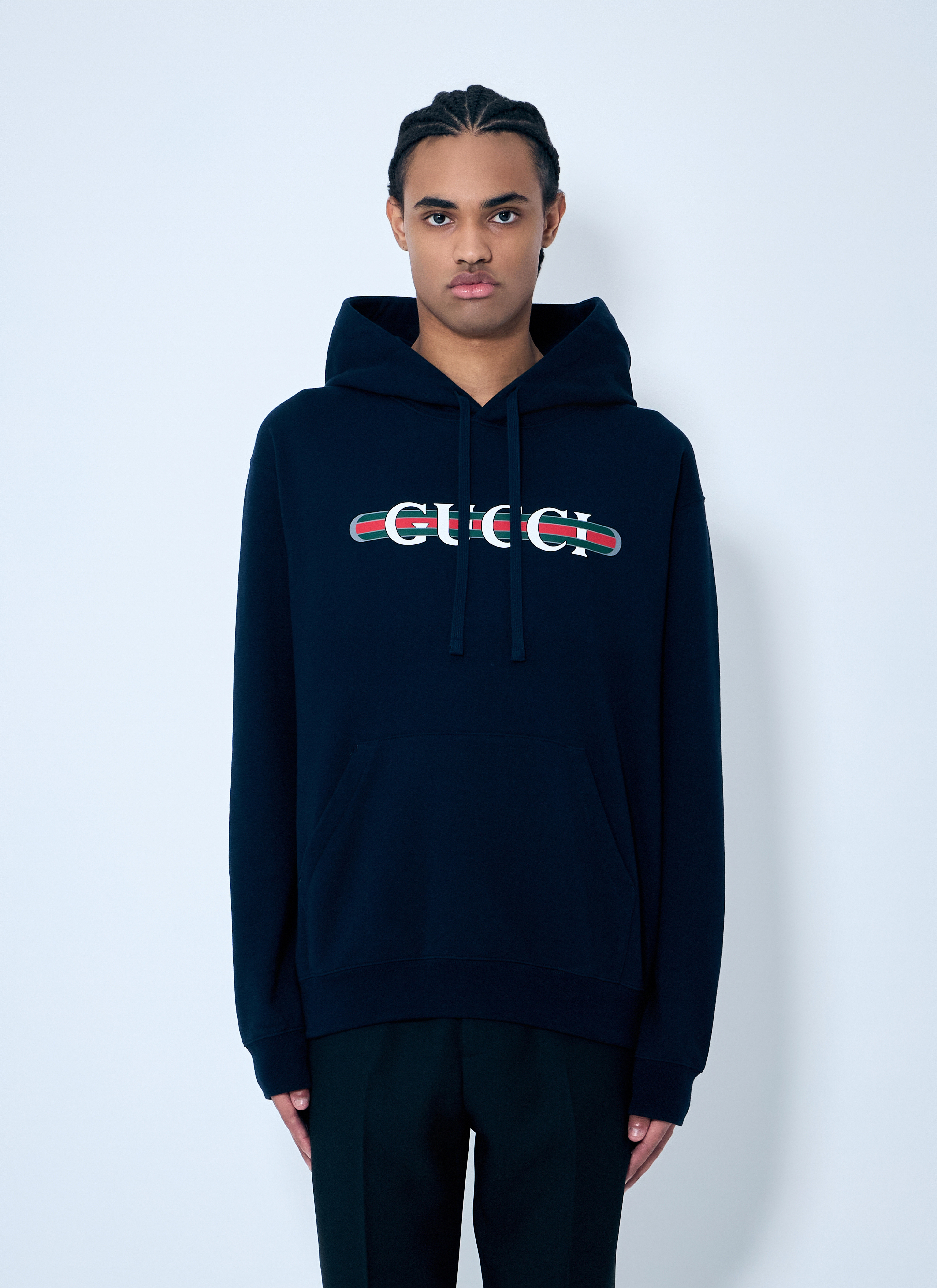 パーカー・フーディ [gucci]Printed Cotton Hood Navy Gucci Men's' Logo Printed Hooded Sweatshirt in Navy | LN-CC®