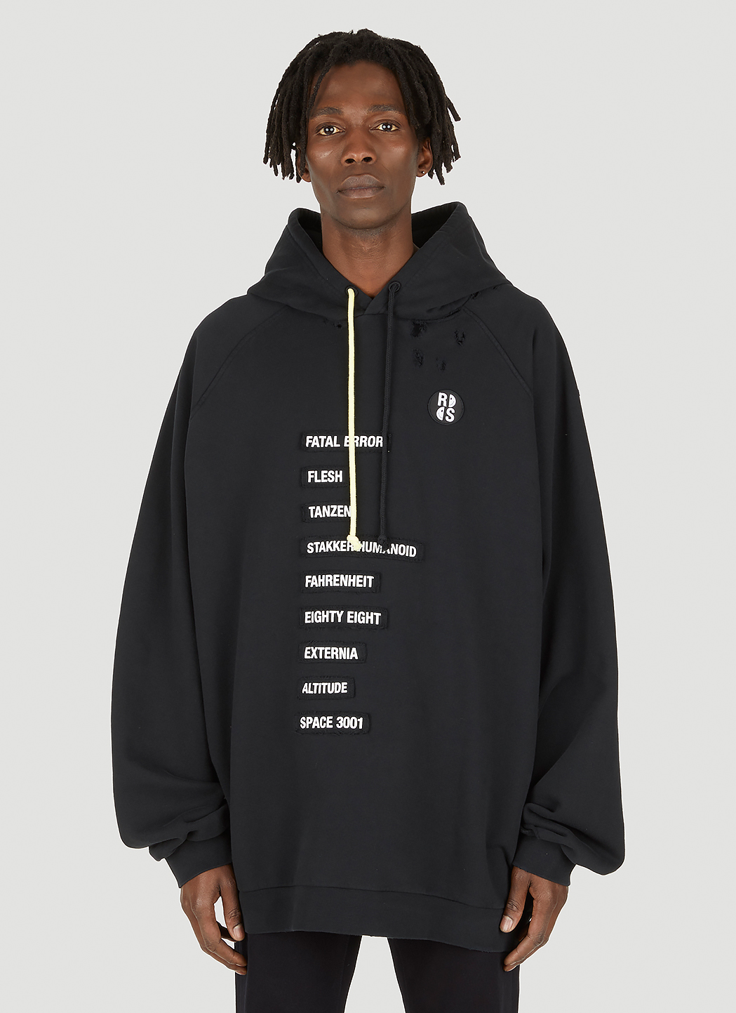 Raf Simons x Smiley Men's Big Fit Patched Text Hooded Sweatshirt in Black