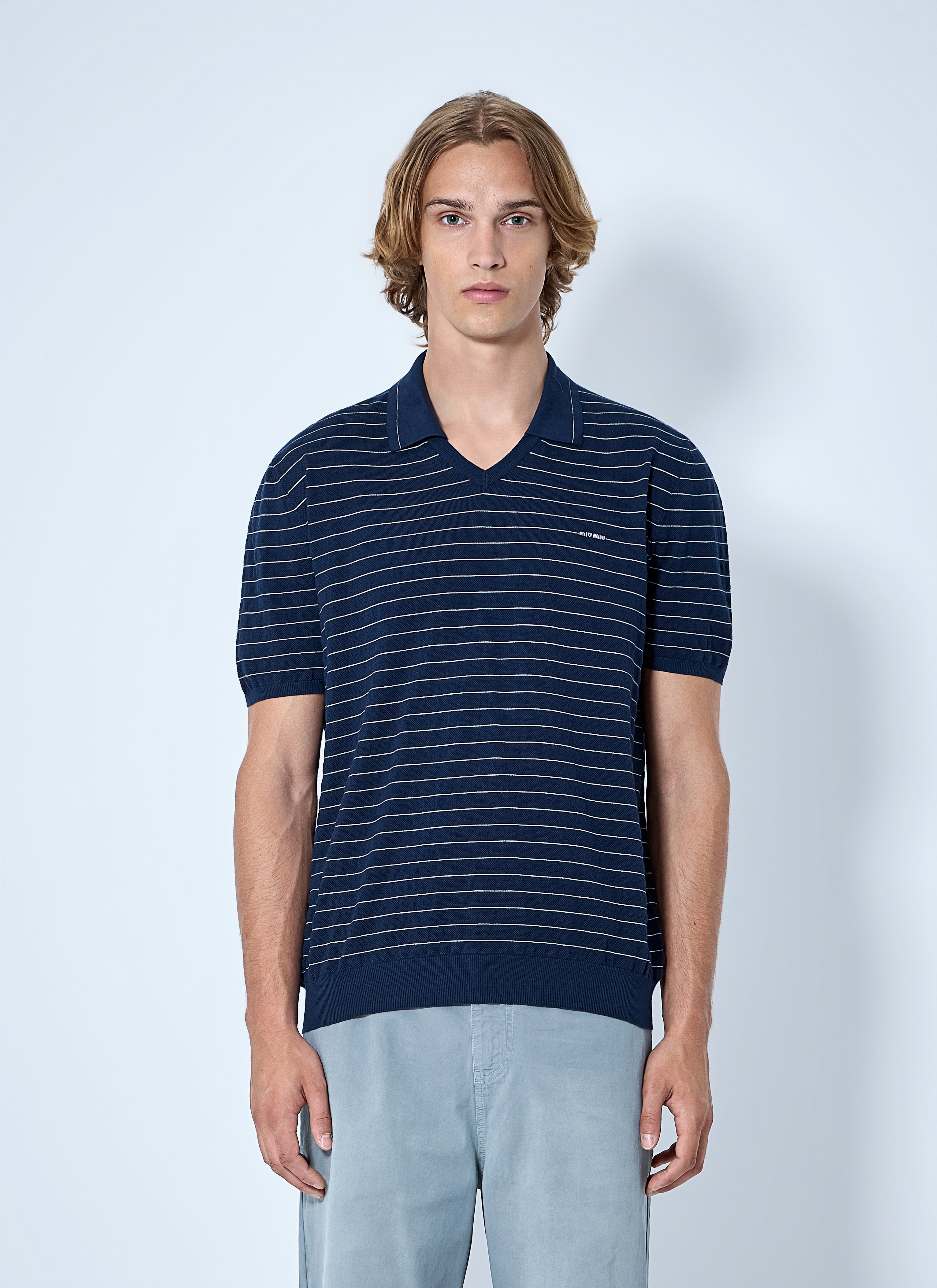 Miu Miu Men's' Striped V-Neck Polo Shirt in Blue | LN-CC®