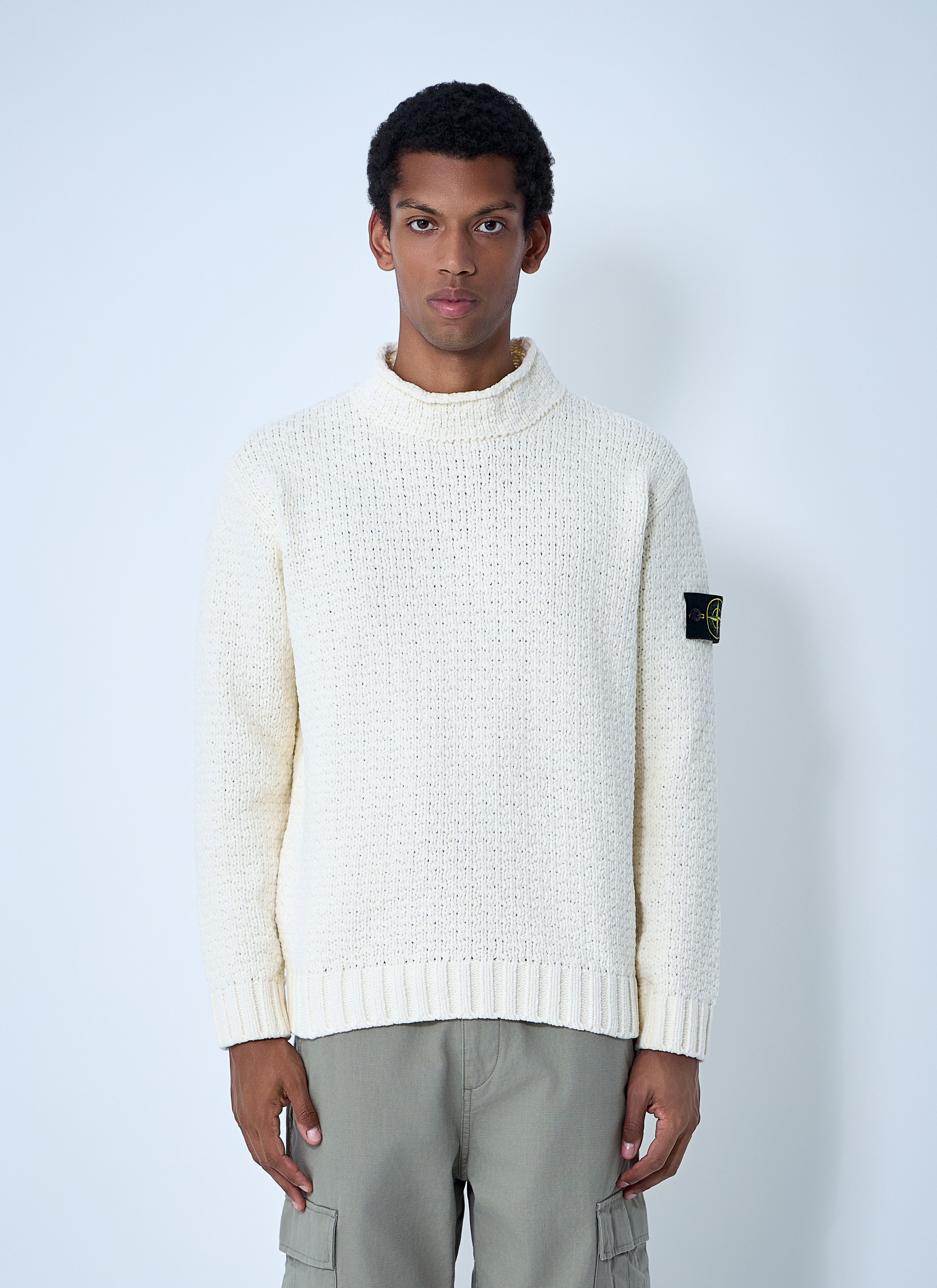 Stone Island Men's Ivory Chenille Cotton Sweater - Man Knitwear S