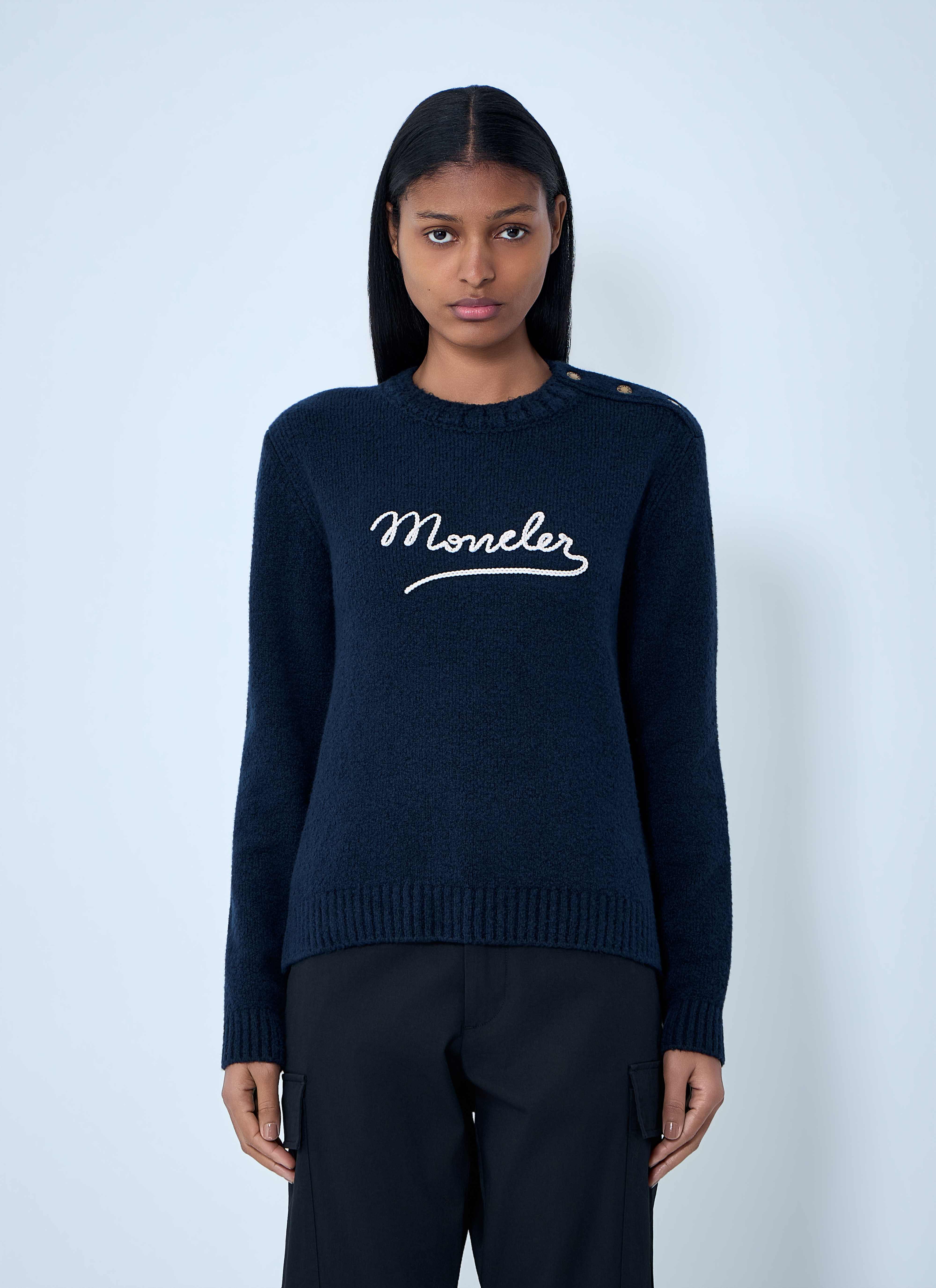 Moncler Women's Black Embroidered Logo Wool Sweater - Woman Knitwear L