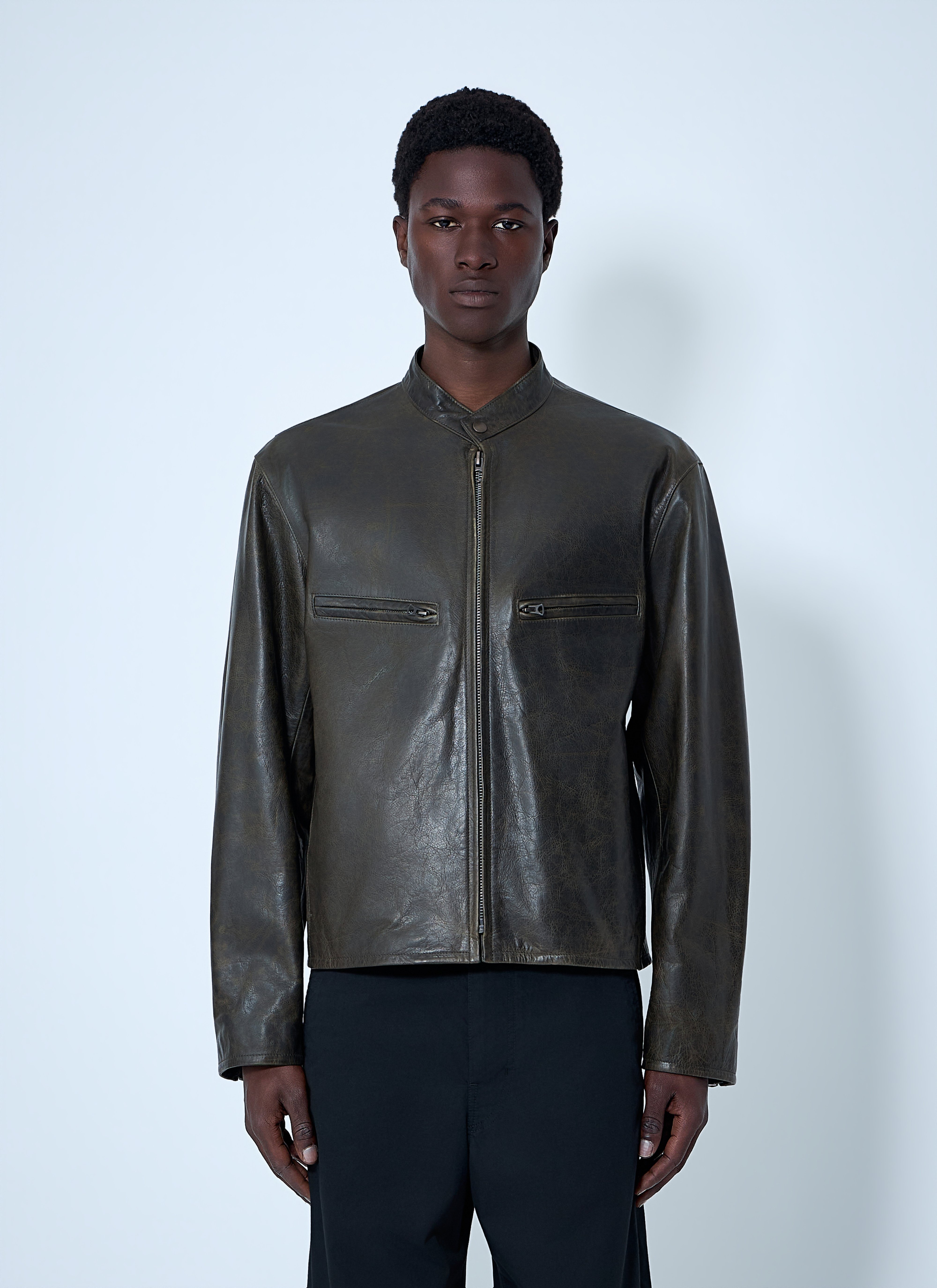 Lemaire Men's' Leather Zip Jacket in Dark Khaki | LN-CC®