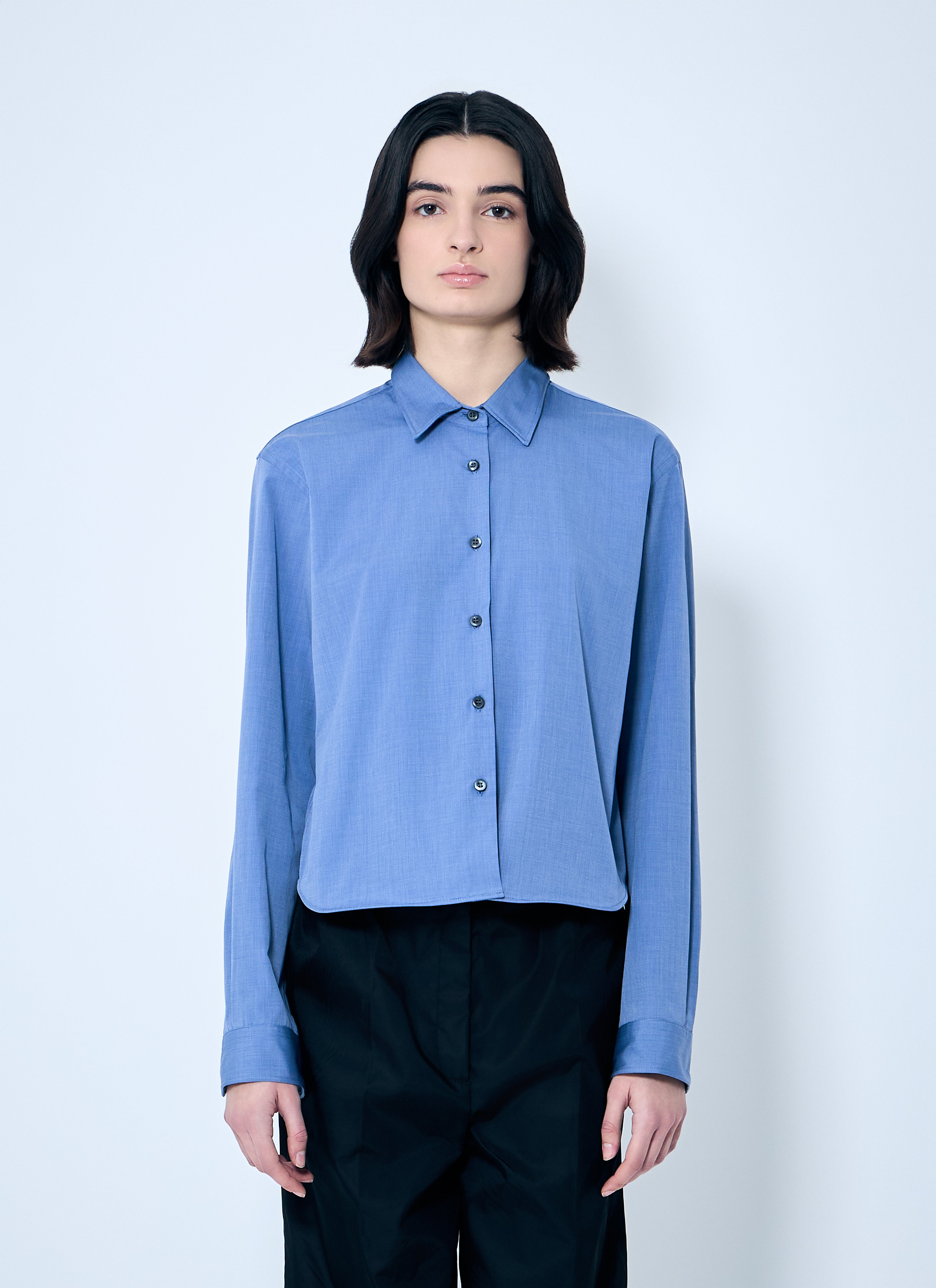 Tシャツ・カットソー PRADA SS25 Navy blue poplin shirt (UCS414SUMO16FY F0021) Navy Stretch Poplin Shirt | PRADA