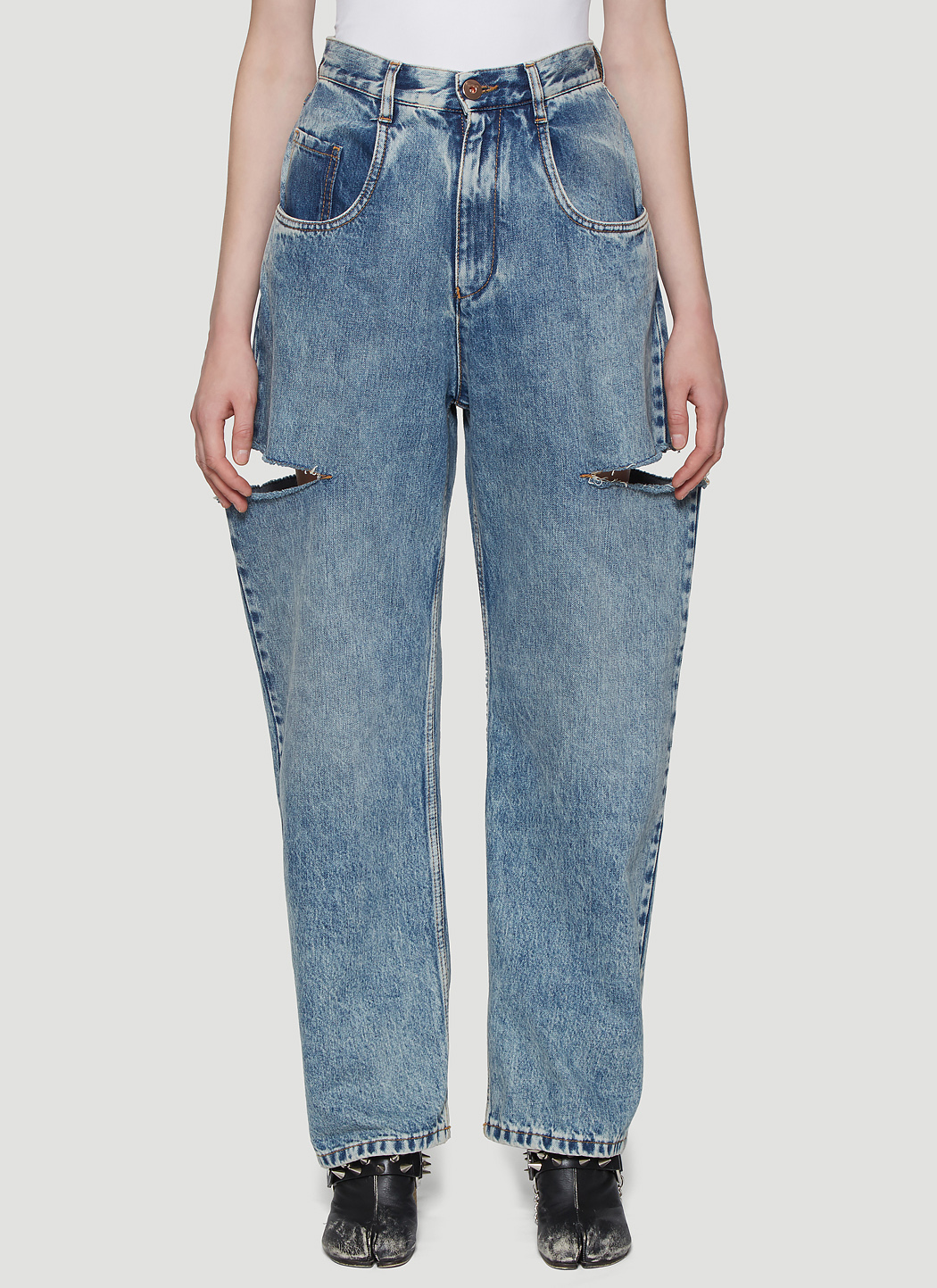 Cut-Out Washed Denim Jeans