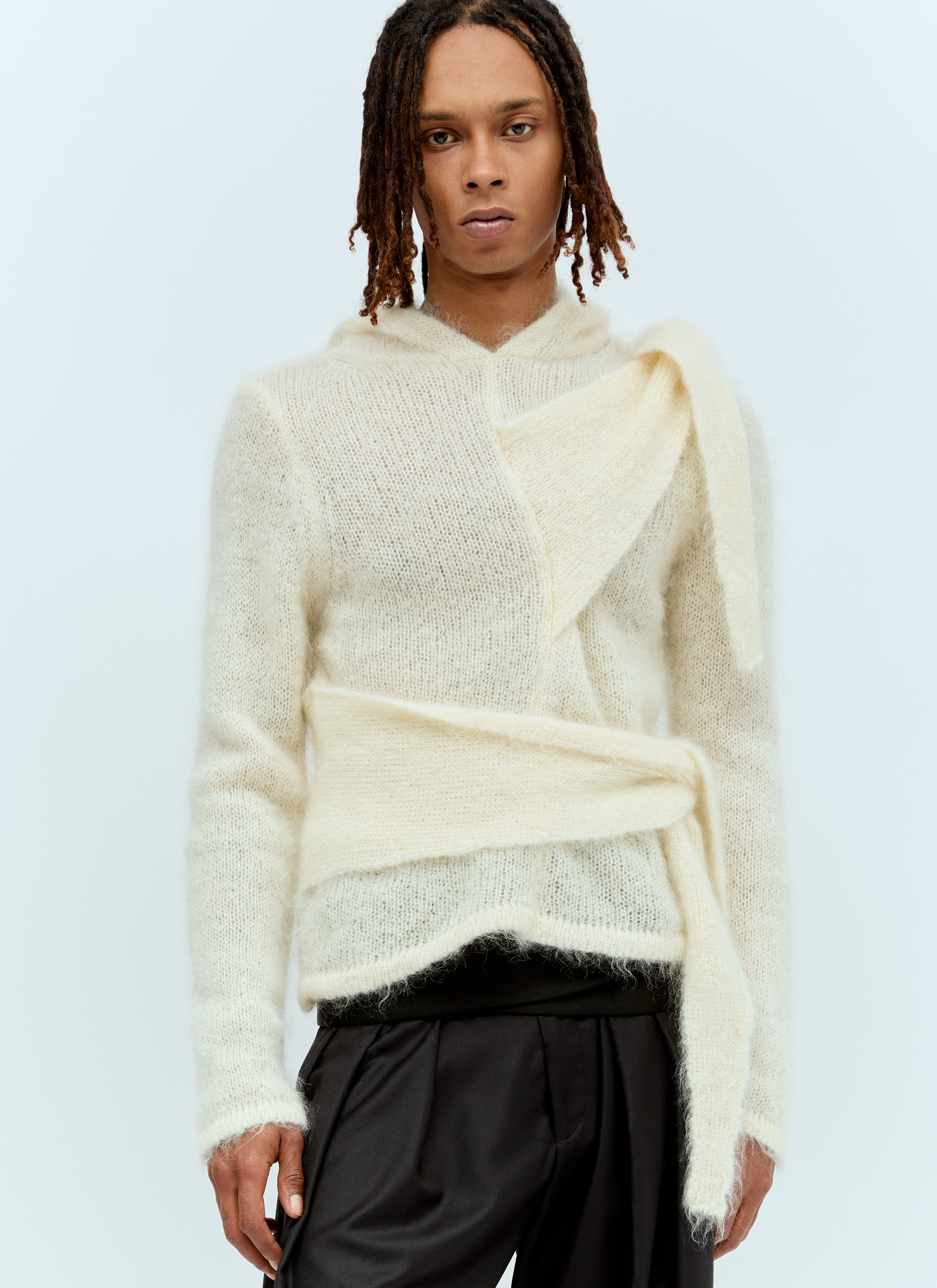 Aaron Esh Men's' Mohair Tied Hooded Sweater in Cream | LN-CC®