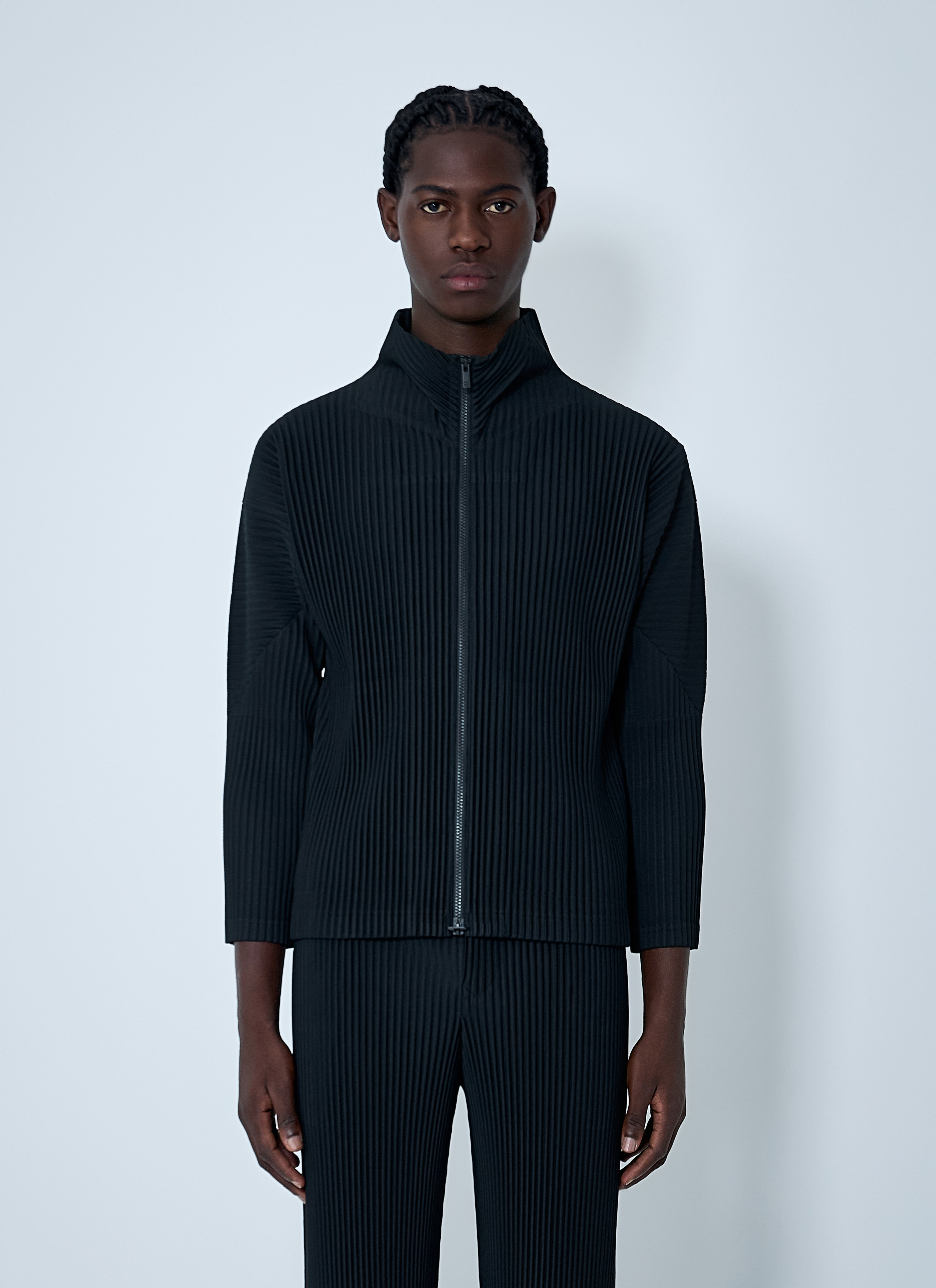 Homme Plissé Issey Miyake Men's' Pleated Zip-Up Jacket in Black