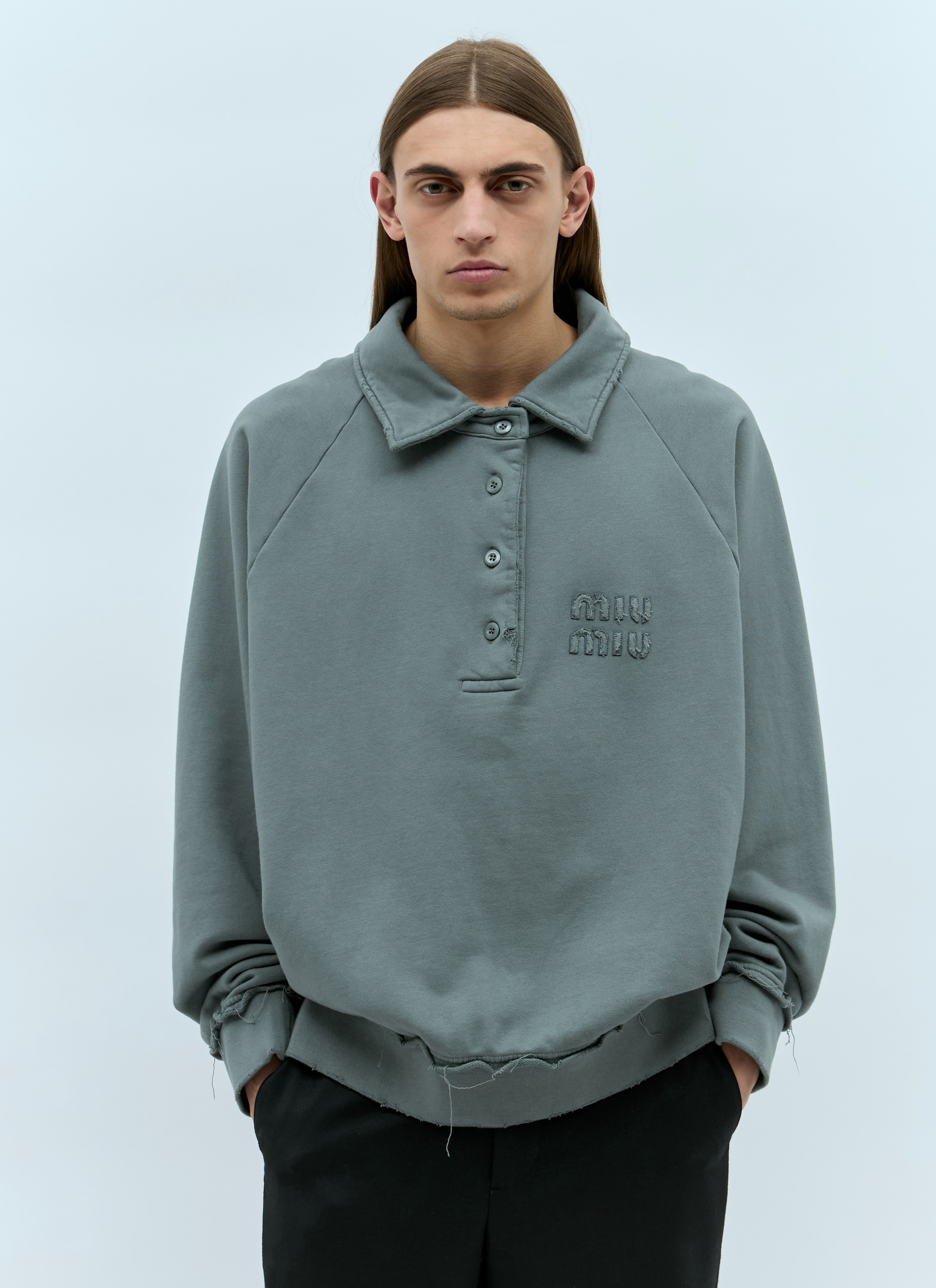 Miu Miu Men's' Garment-Dyed Cotton Fleece Sweatshirt in Grey Miu Miu Men's' Garment-Dyed Cotton Fleece Sweatshirt in Grey