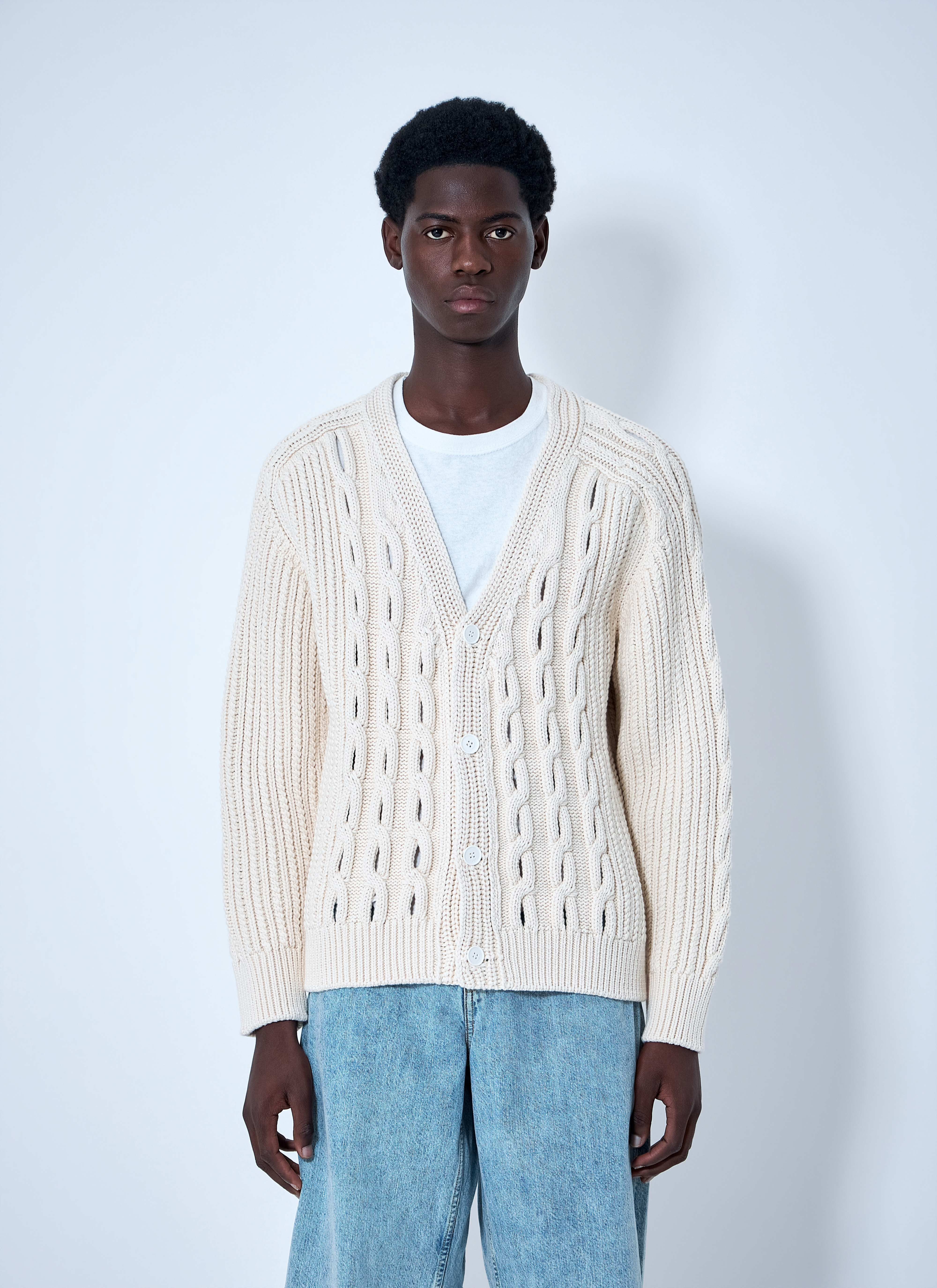 Lacoste Men's White Cable Knit Cardigan - Man Knitwear S