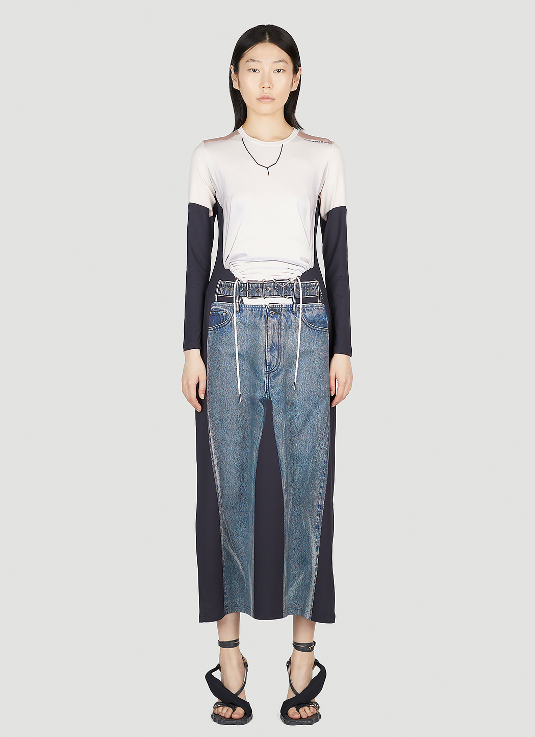 Trompe L'Oeil Belt Denim Print Dress