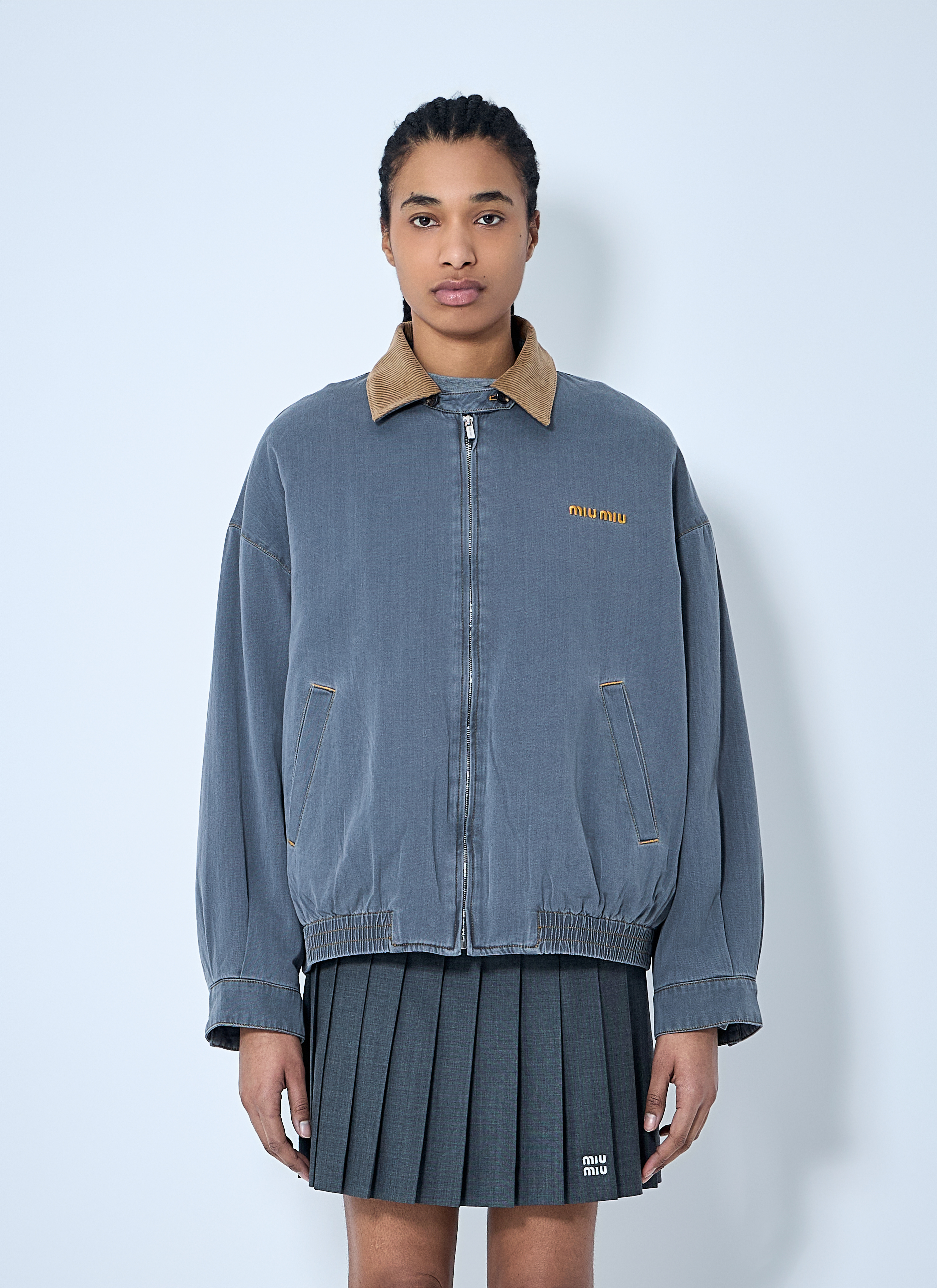 【MIU MIU】 90sアーカイブダークデニムジャケット フック Miu Miu Chambray Jacket With Velvet Collar in Grey für Damen | LN-CC®