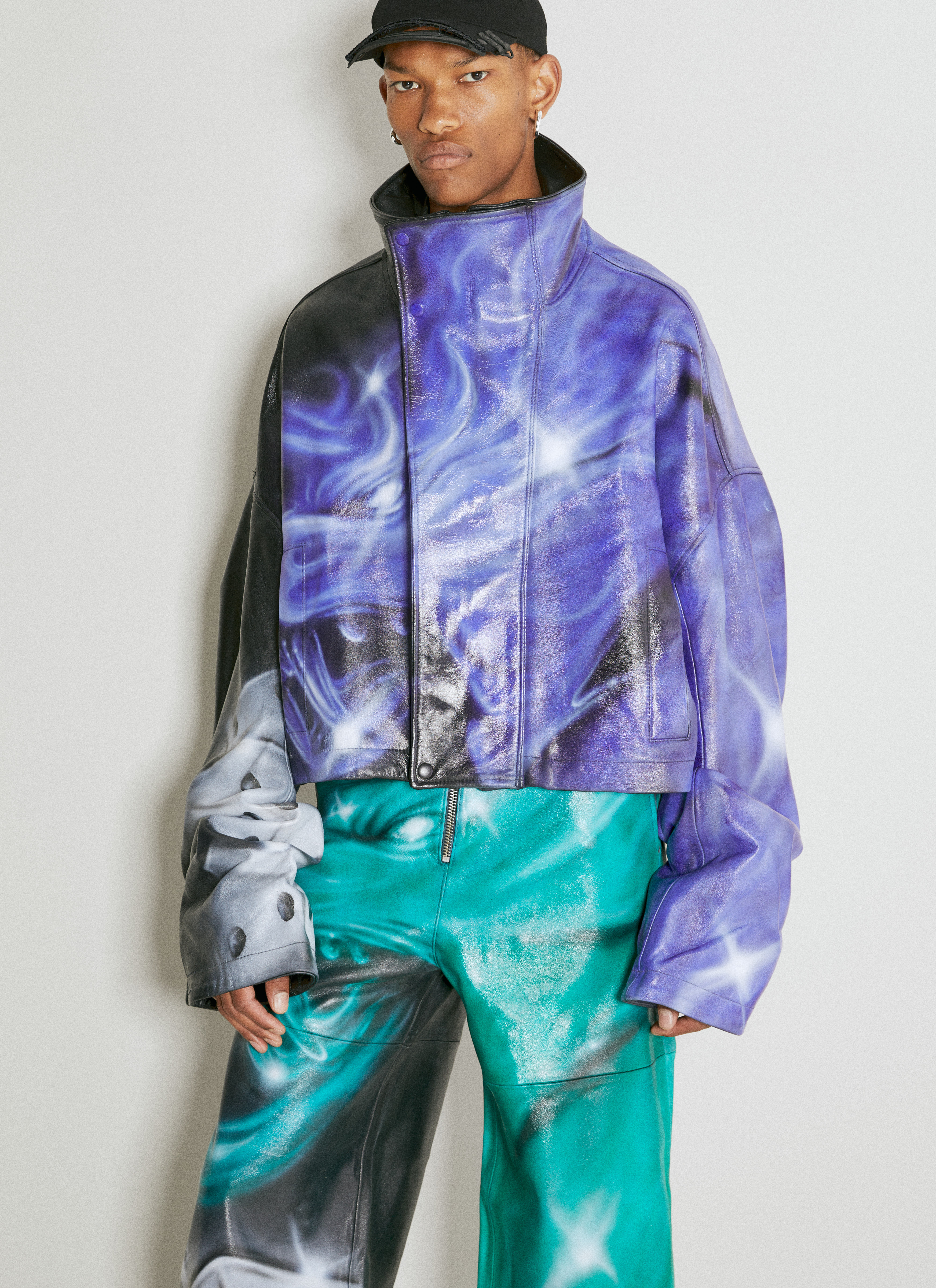 Gerrit Jacob Men's' Oversized High Neck Leather Jacket in Purple