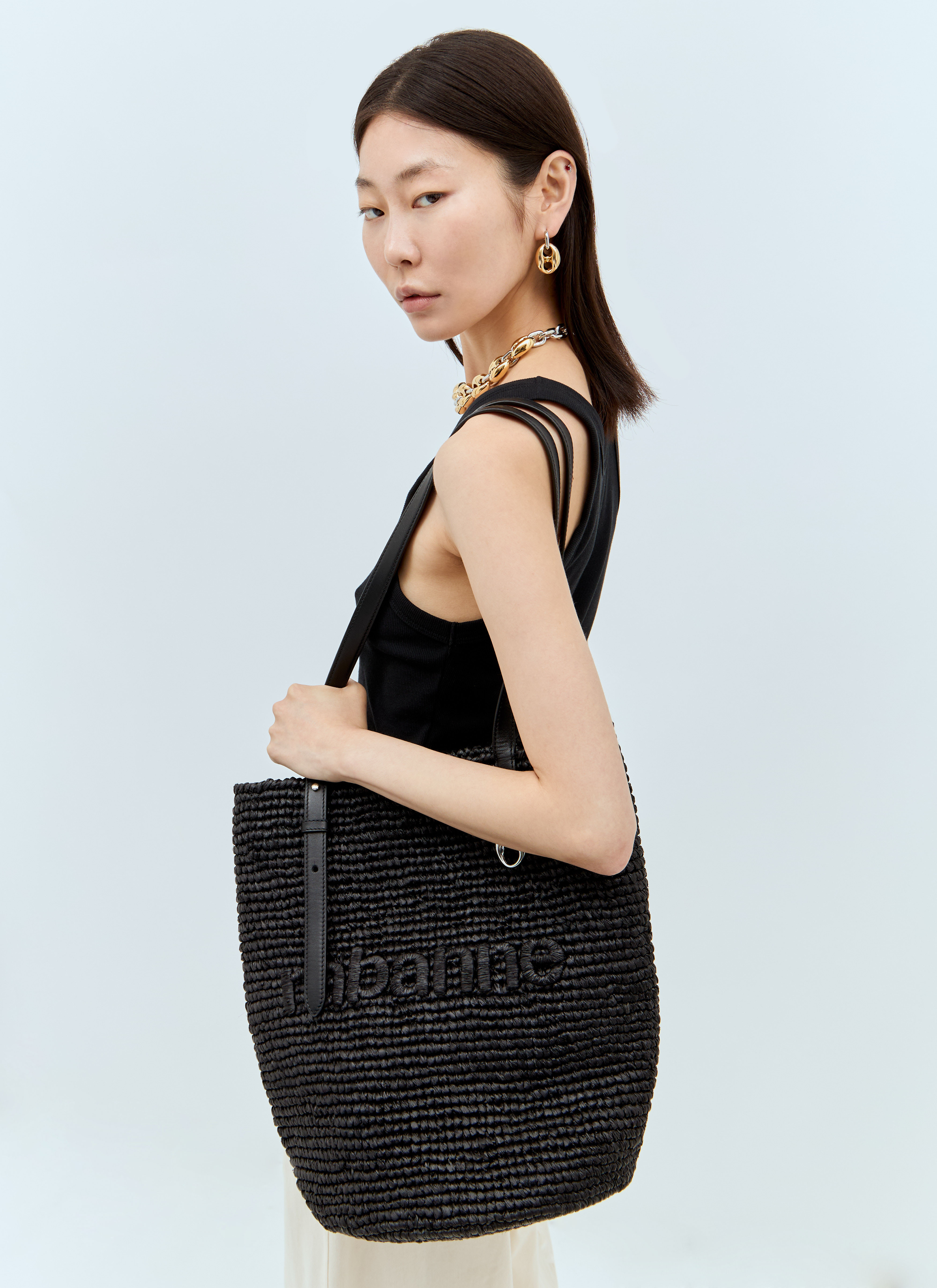 【送料&関税込】ChloAC Black Raffia Totes Rabanne Women's' Embossed Logo Raffia Tote Bag in Black | LN-CC®